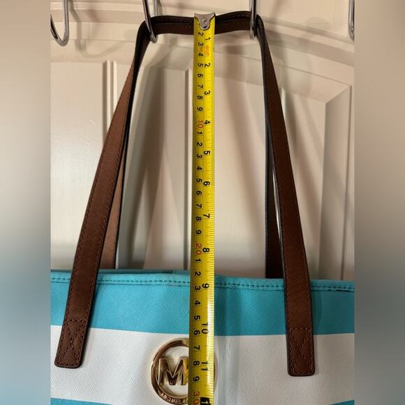 MICHAEL KORS 🩵 Blue & White Striped Shoulder Canvas Tote, Gold Logo - Picture 12 of 15